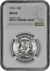 1952 50C BU Silver Franklin Half Dollar NGC Graded MS 64 White Coin