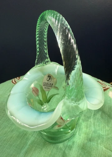 Fenton Opalescent Willow Green Mini Basket Hand-Painted Flowers Signed Glass
