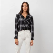 RAILS Black White Silver Metallic Plaid Hunter Long Sleeve Button Up Top XXS