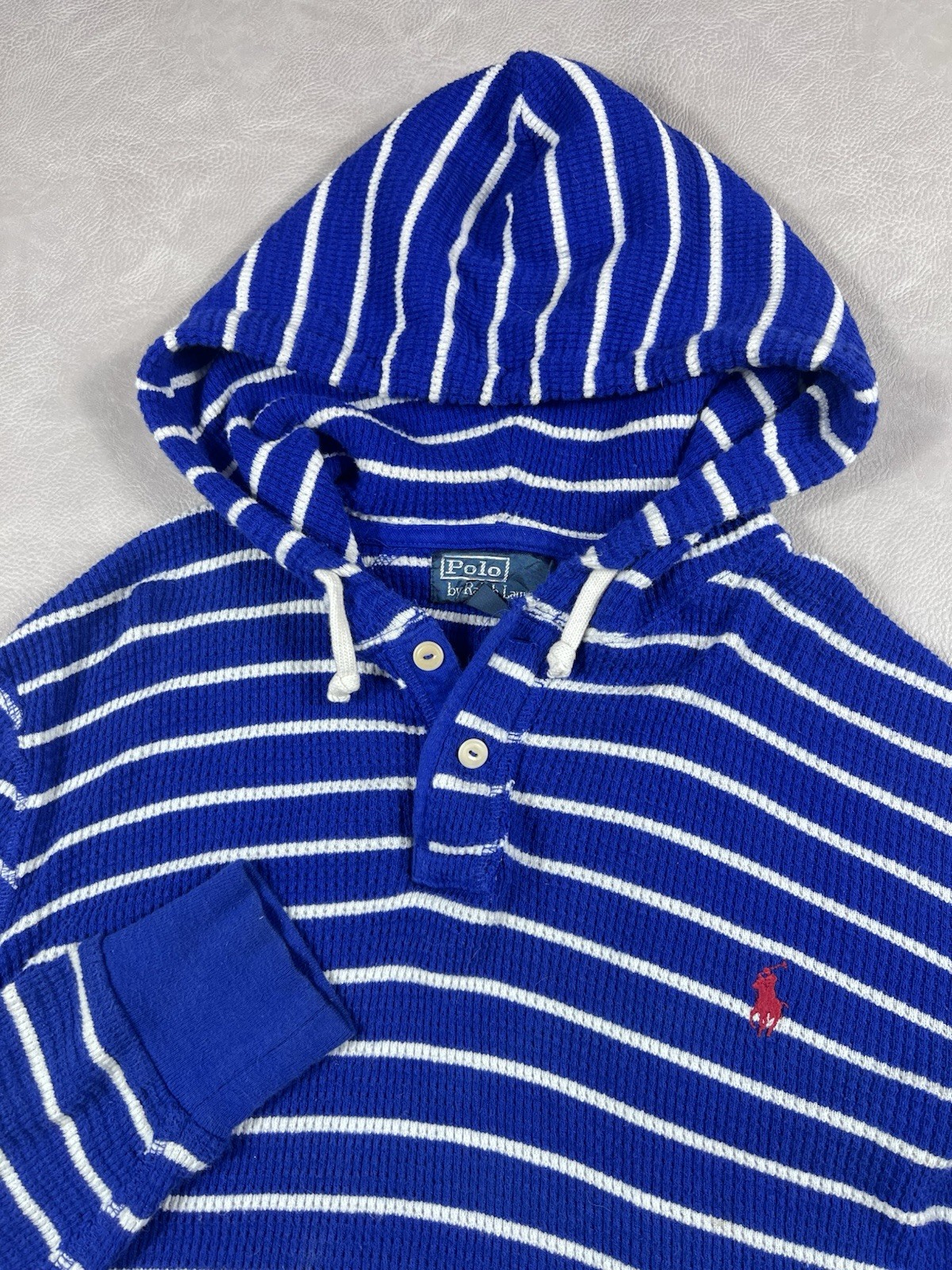 Polo Ralph Lauren felpa con cappuccio a righe taglia media blu bianco maglia a costine pony termica