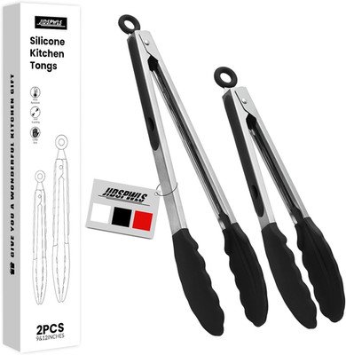 2 Pack Black Premium Stainless Steel Heat Resistant Kitchen Tongs