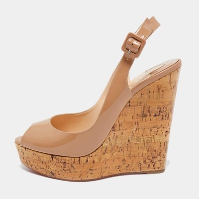 Christian Louboutin Beige Patent Leather Peep Toe Ankle Strap