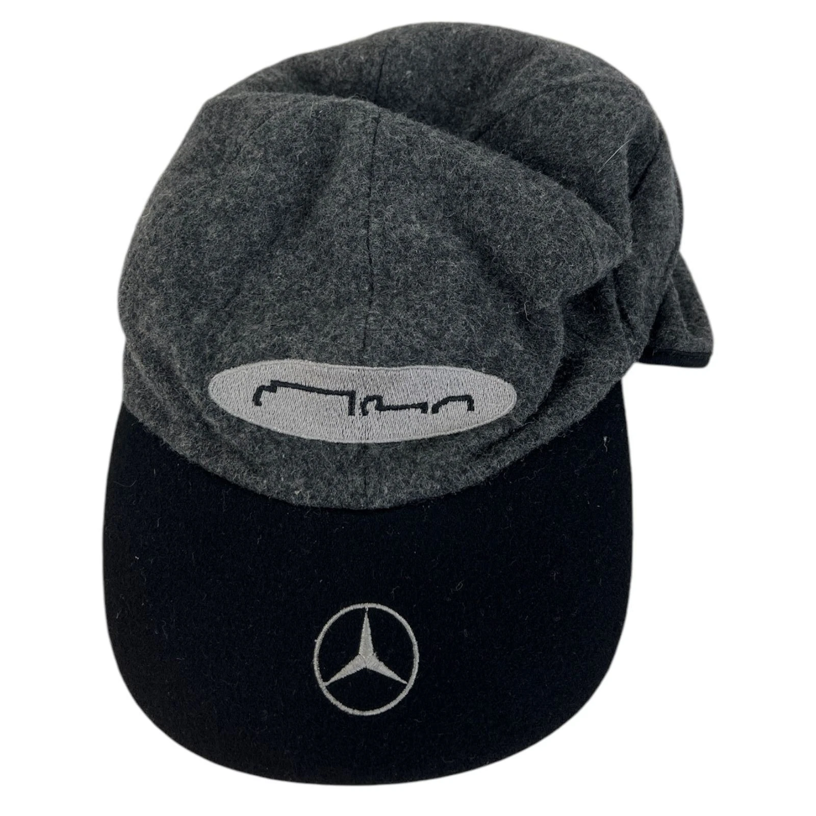 Vintage Mercedes 1980's AMG Grey Earflap Trapper Fleece Embroidered Cap Used