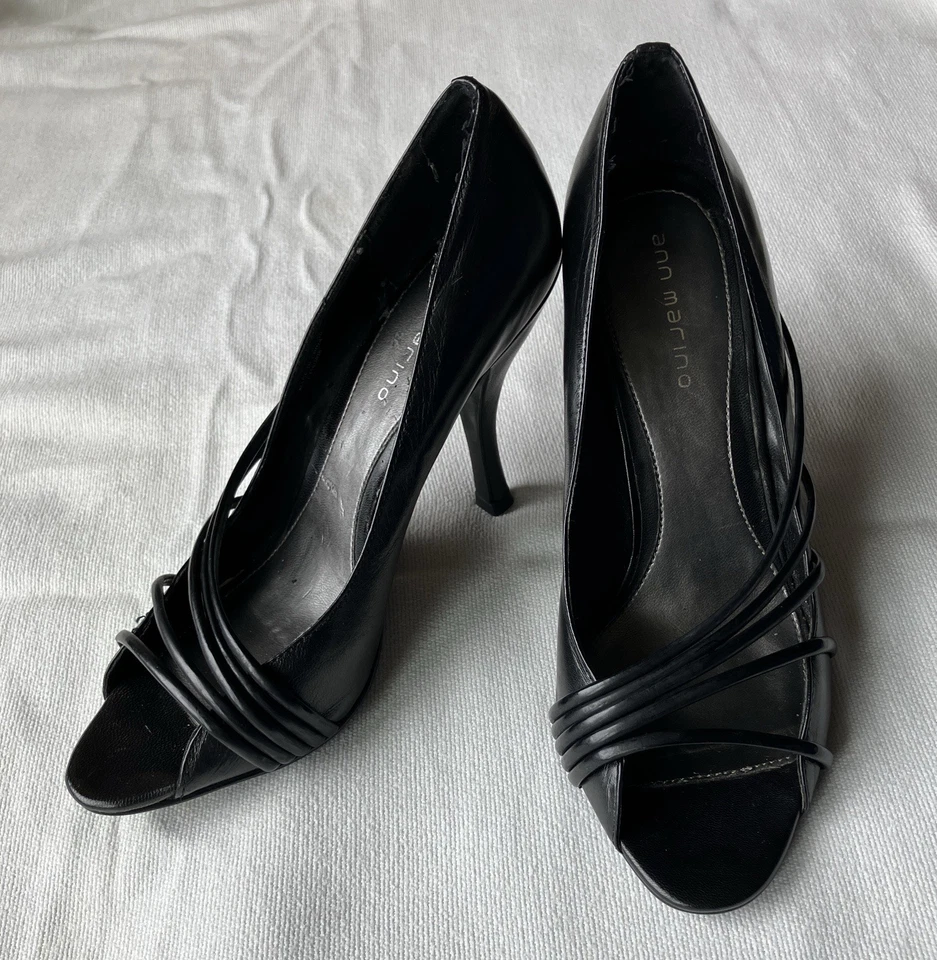 Tacones altos vintage con tiras para mujer punta abierta cuero negro talla 7,5 Foto 2 de 2