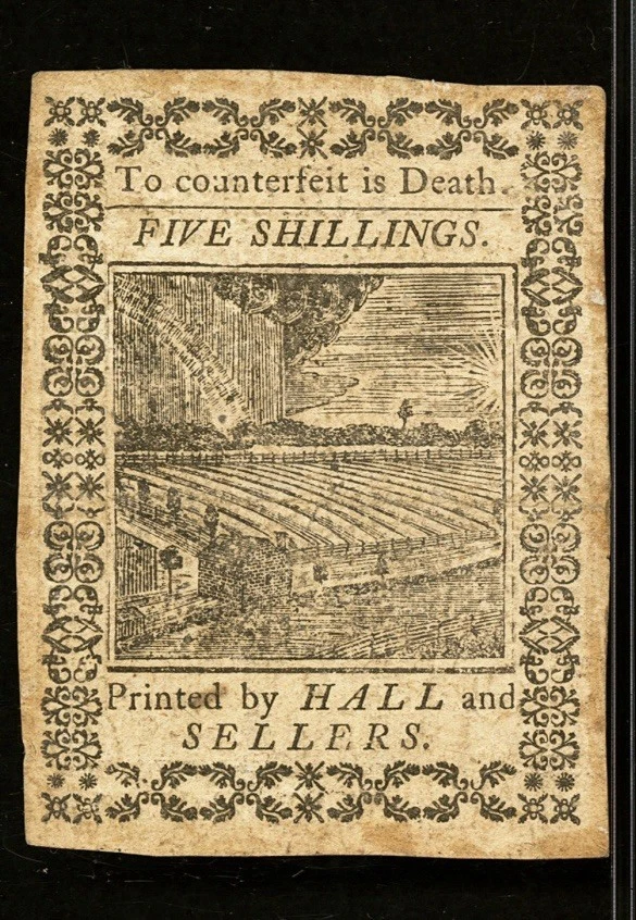 Billete de banco moneda colonial de la Revolución Americana de Pensilvania de 1773 PA-166, PMG 55 Foto 4 de 4