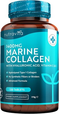 Marine Collagen und Hyaluronsäure Kapseln Hochdosiert 1400mg, Vit C, E, B2, Zink