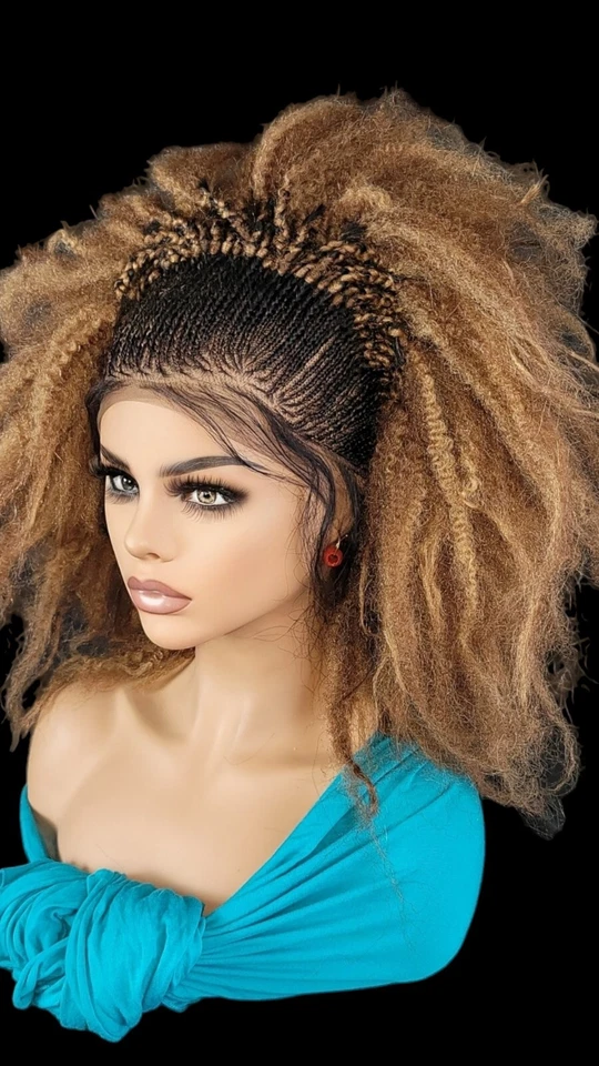 Парик ручной работы в афро-стиле — короткий вьющийся плетеный кружевной спереди, яркий омбре блондинка - Изображение 2 из 4