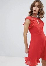 New Look Ruffle Frill Lace Trim Red Dress UK 12