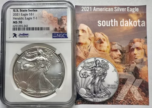 2021 $1 T-1 Heraldic Silver Eagle NGC MS70 ⭐️ South Dakota - US States Series!