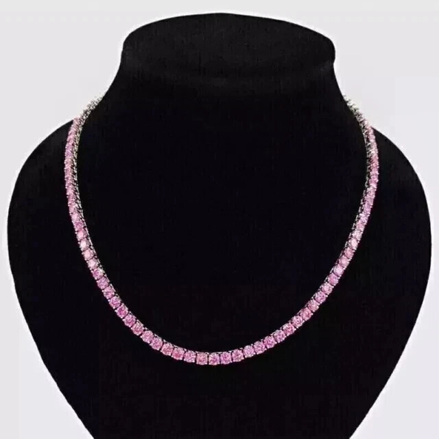 18CT Lab-Grown Pink Sapphire Tennis Necklace in 14K White Gold 18 Inch