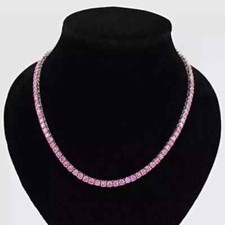 18CT Round Lab Created Pink Sapphire Tennis Necklace 14K White Gold Over 18 inch