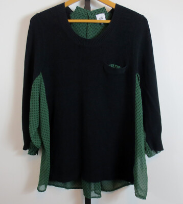 Cabi 3520 Get Together Sweater Sheer Back Womens  M Black Green 3/4 Sleeve