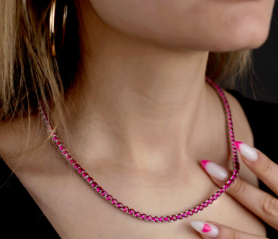 3MM Round Cut Lab Created Pink Ruby Tennis Necklace 18''Inch 14K White Gold Over