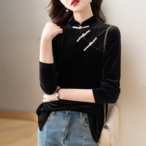 Women Long Sleeve Blouse Shirt Chinese Style Cheongsam Velvet Tops Retro Shirt - Imagen 8 de 21