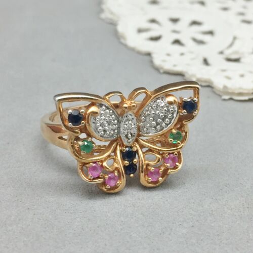 Butterfly Genuine Gemstone Ring Size 10 Diamond Ruby Sapphire Emerald Vermeil - 第 1/7 張圖片
