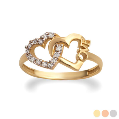 Gold Double Heart Love CZ Ring