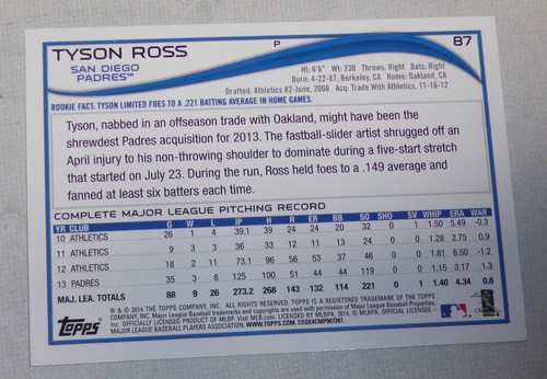 Tyson Ross Signed 2014 Topps Padres Baseball Card #87 All-Star Pitcher Autograph - Picture 4 of 12