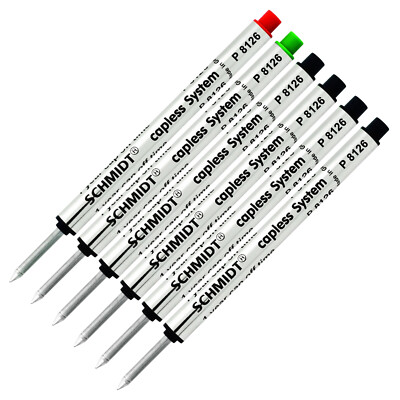6X Schmidt P8126 Capless System Rollerball Refill Green/Red/Black Ink Fine Tip