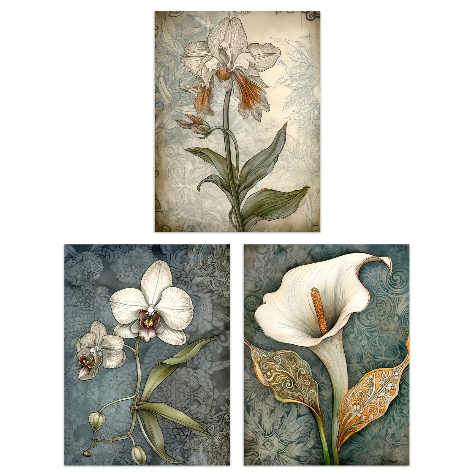 Elegant Single Calla Lily Orchids Flowers Art Deco Style Poster 3 Pack 12X16 In