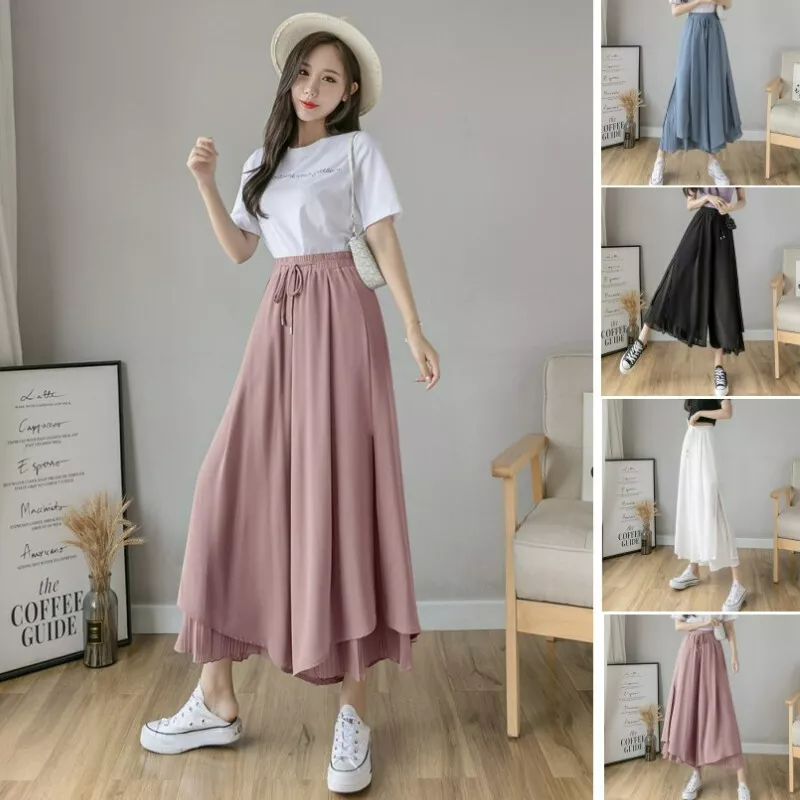 Women Chiffon Wide-Leg Cropped Trousers Drape Skirt Pants Pleated Culottes