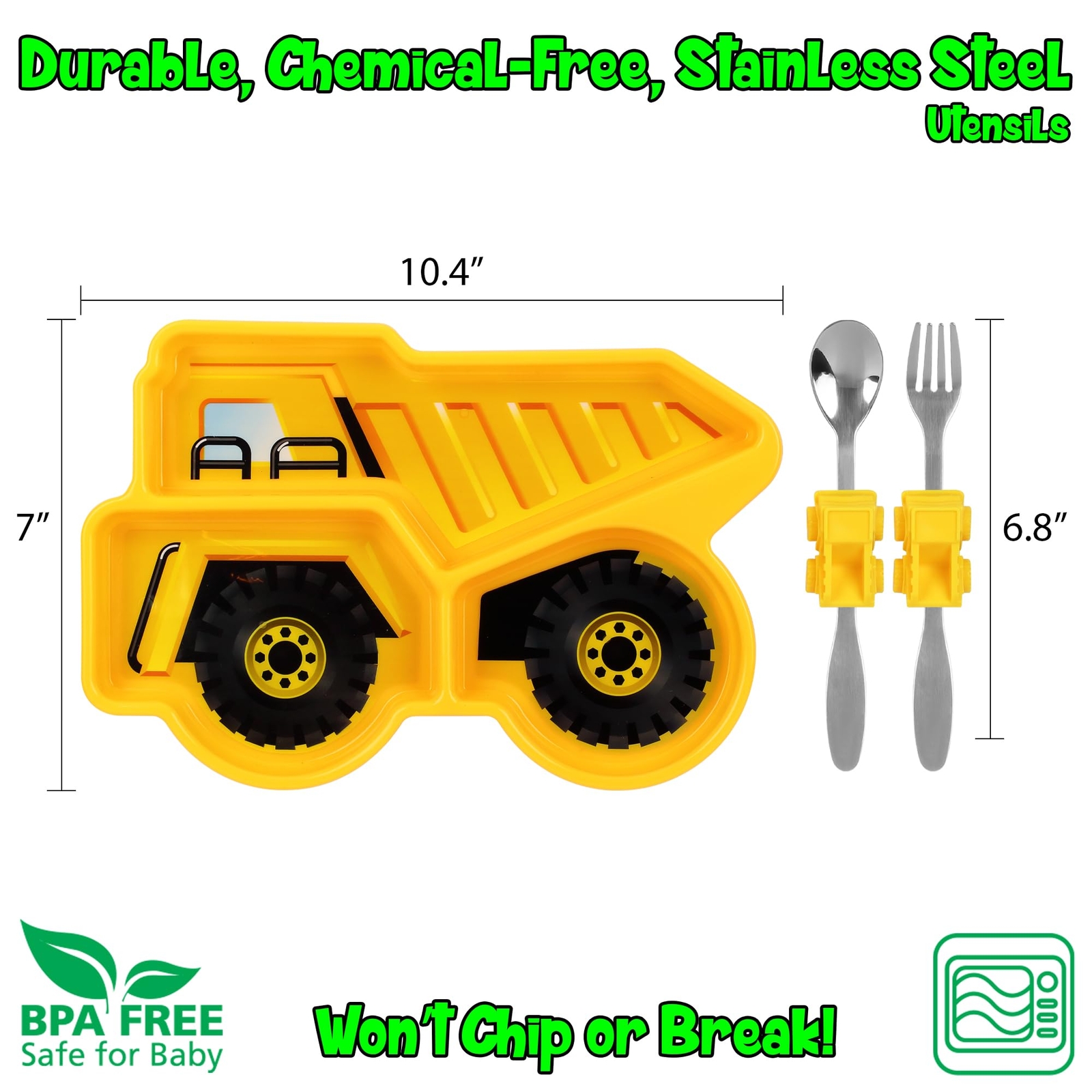 Funwares Yellow Dump Truck Engaging Kids' Dinnerware Set Durable Divided Plat...