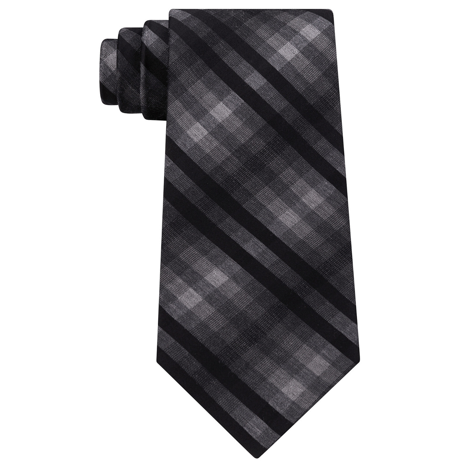 KENNETH COLE REACTION Black Gray Heather Ombre Check Silk Blend Slim Tie  