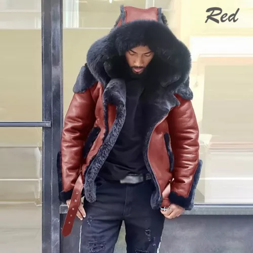 Men's Coats Teens Motorcycle Winter PU Slimming Jacket Fur Hood Fashion Warm - Picture 5 of 39