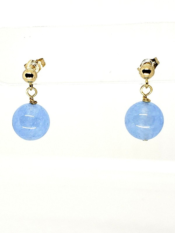 14k Yellow Gold Genuine Blue Jade Ball Post Drop Dangle Earrings