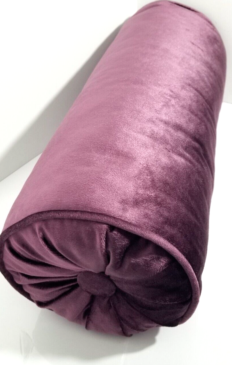 CYLINDRICAL BOLSTER PILLOWS, VELVET, SET OF 2, EGGPLANT/PURPLE,  20