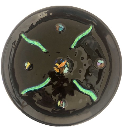 Fused Dichroic Art Glass Plate Black. Signed Sisk 10 1/4"