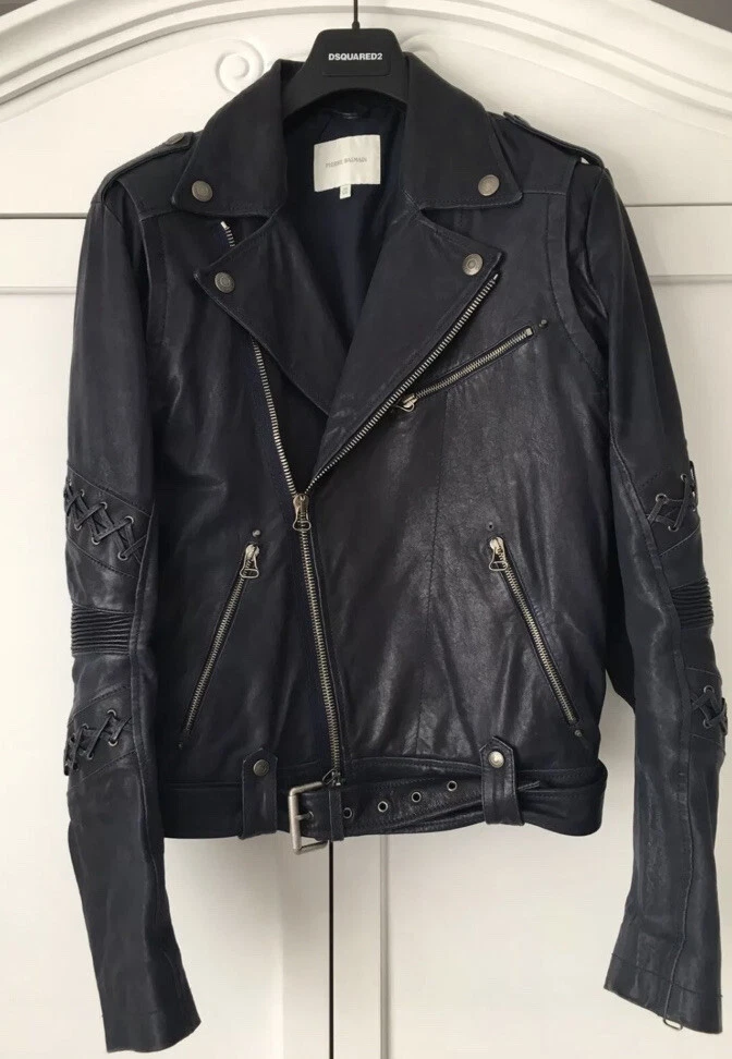 1,550 PIERRE BALMAIN Navy Blue Leather Biker Jacket - Made In eBay