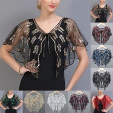 Party Retro Sequin Shawl Embroidery Leaf Cape 1920s Bolero Party Cape Mesh Retro