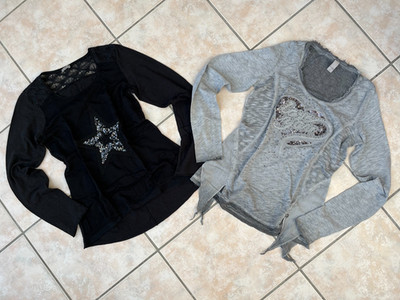 2x Tredy Longsleeve Langarmshirt 36 Schwarz + Grau Glitzer Strass Tunika Zipfel