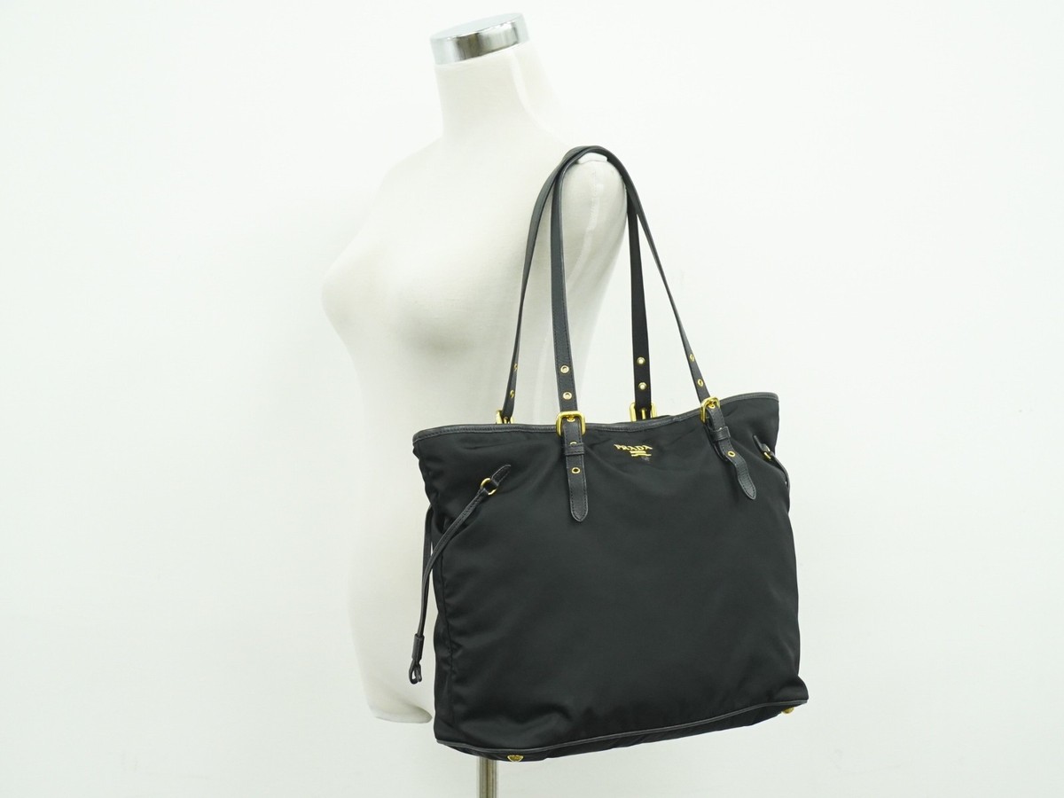 PRADA Nylon Shoulder Tote Bag Black Gold | eBay