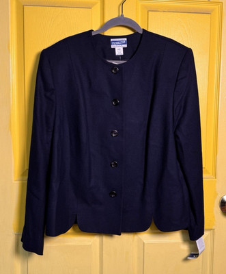 Vtg Pendleton Plus 100% Wool Collarless Navy Jacket Blazer 20W Scalloped Hem USA