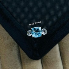 Cushion Cut Aquamarine Ring 925 Sterling Silver Three Stone Aquamarine Ring.