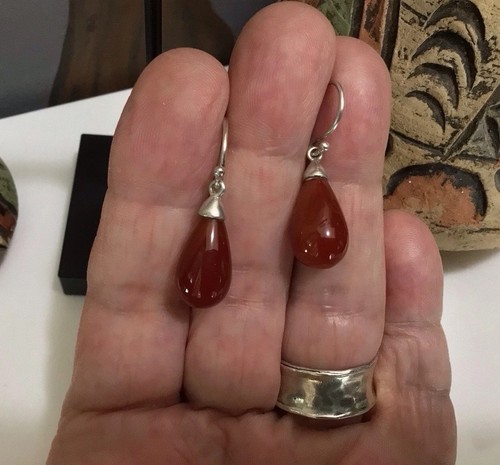 VTG A 925 Sterling Silver Capped Carnelian Teardrop Hook Earrings EUC 4.2g