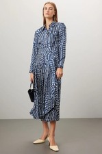 Tory Burch Women's Long Sleeve Blue Pleated 100% Silk Midi Shirtdress Size 8