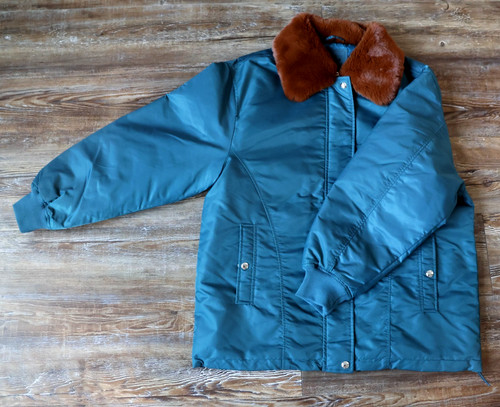 BLANKNYC Retro Teal Blue Bomber Streetwear Jacket Faux Fur Collar Womens Small