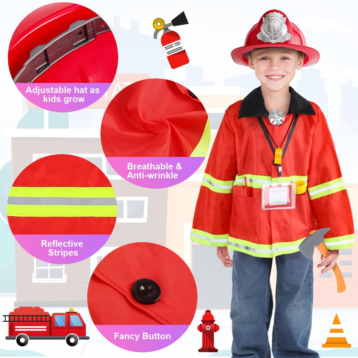 Fireman Costume for Kids, 10 Pcs Firefighter Costume with Toy Accessories Set,