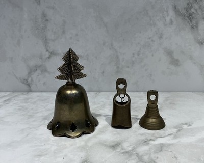 3 Vtg Brass Christmas Bell Ornament Tree Cutouts Design + Unique Small Bells