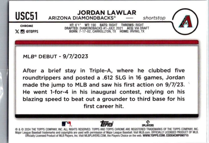 2024 Topps Chrome Jordan Lawlar Rookie Debut Black Raywave /10 Diamondbacks thumbnail 2
