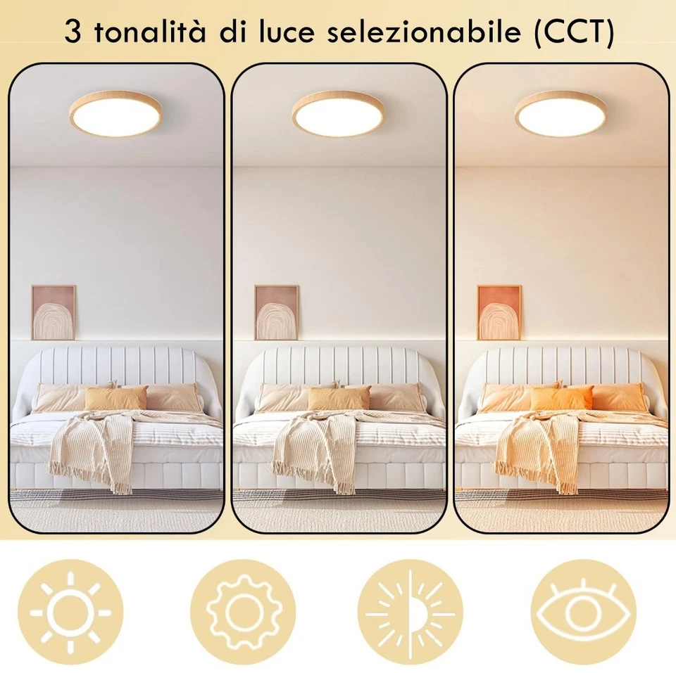 Plafoniera da Soffitto LED Effetto Legno Tondo Stile Extra Sottile 23/30/48/60CM - Immagine 3 di 4