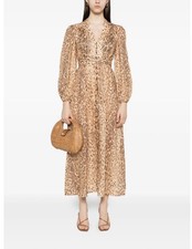 Zimmermann Cascadian Leopard Print Long Sleeves Midi Dress Tan Various Sizes
