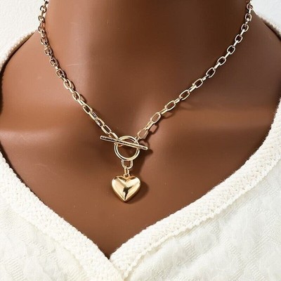 Gold Tone Heart Style Alloy Necklace Chain Fan Toggle Choker Chic Ellegant