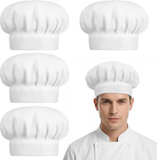 4pc White Chef Hat Adjustable Adult Kitchen Cooking Cap Elastic Baker Hat Set