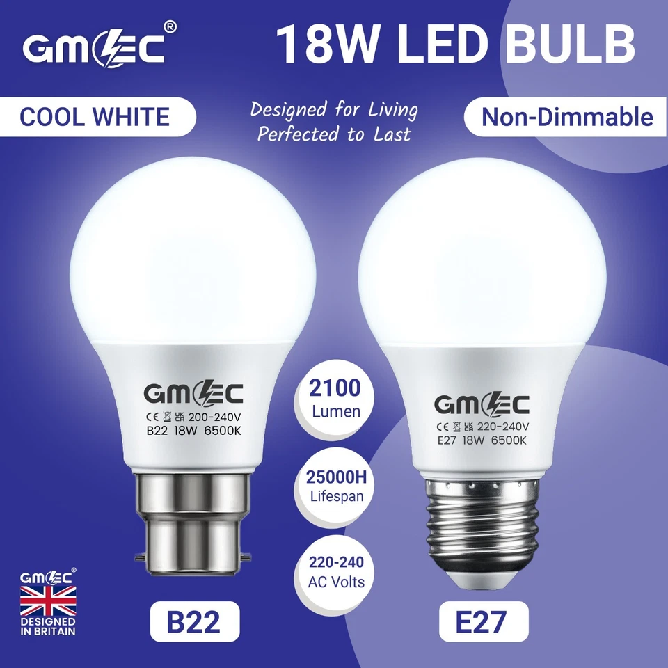 GMEC 18W LED Globe Bulb Cool White Daylight E27 Screw or B22 Bayonet Free Delivery UK