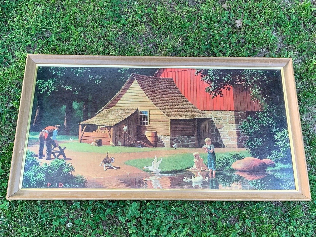 Vintage PAUL DETLEFSEN Barn Chicken Swan Duck Sofa Framed ART