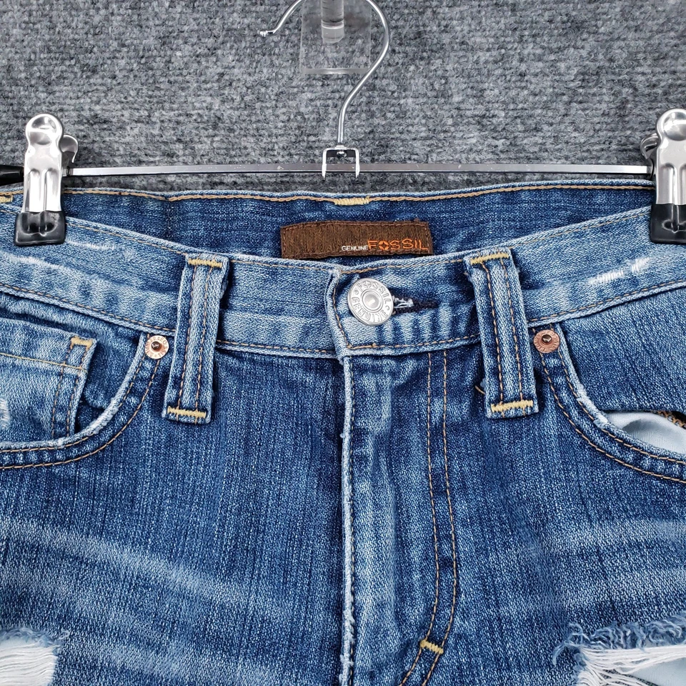 Pantalones Cortos Fossil Genuinos Para Mujer 27 Azul Tiro Medio Denim Envejecido Puños Calientes Pantalones Foto 3 de 4