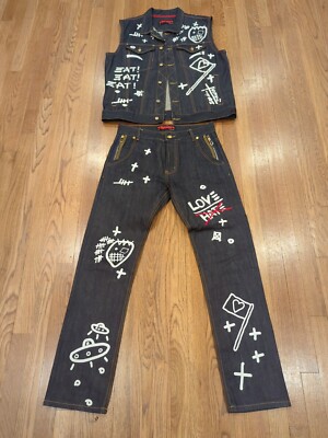 RON BASS GRAFFITI ROCKSTAR DENIM PANTS & CREATIVE SLEEVELESS DENIM JACKET - RARE